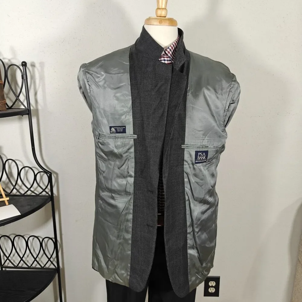 JOS A BANK‎ Men's Sport Coat Blazer Two Button Charcoal Houndstooth Wool 44L